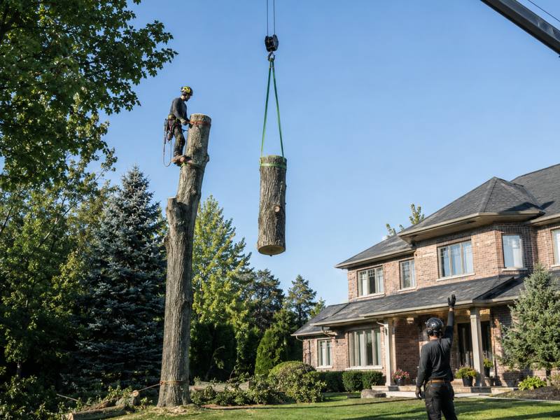A Beaches Tree Trimming crew freeing a cut trunk section near the lakefront