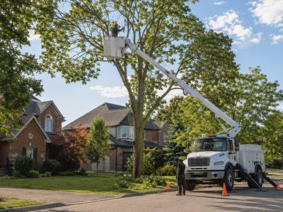 Bucket truck raised into a street tree, boom over the road