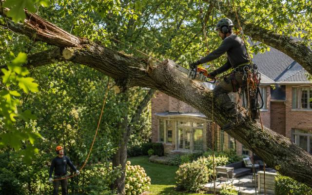 Large broken limb still hanging over a yard after a lake wind event, rigged for controlled removal