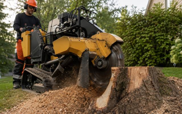 Grinder wheel cutting into a stump with chips coming off the face